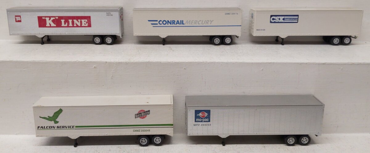 American Models SC6-5T S Gauge Impack 5-Unit Flatcar w/ Trailers EX/Box