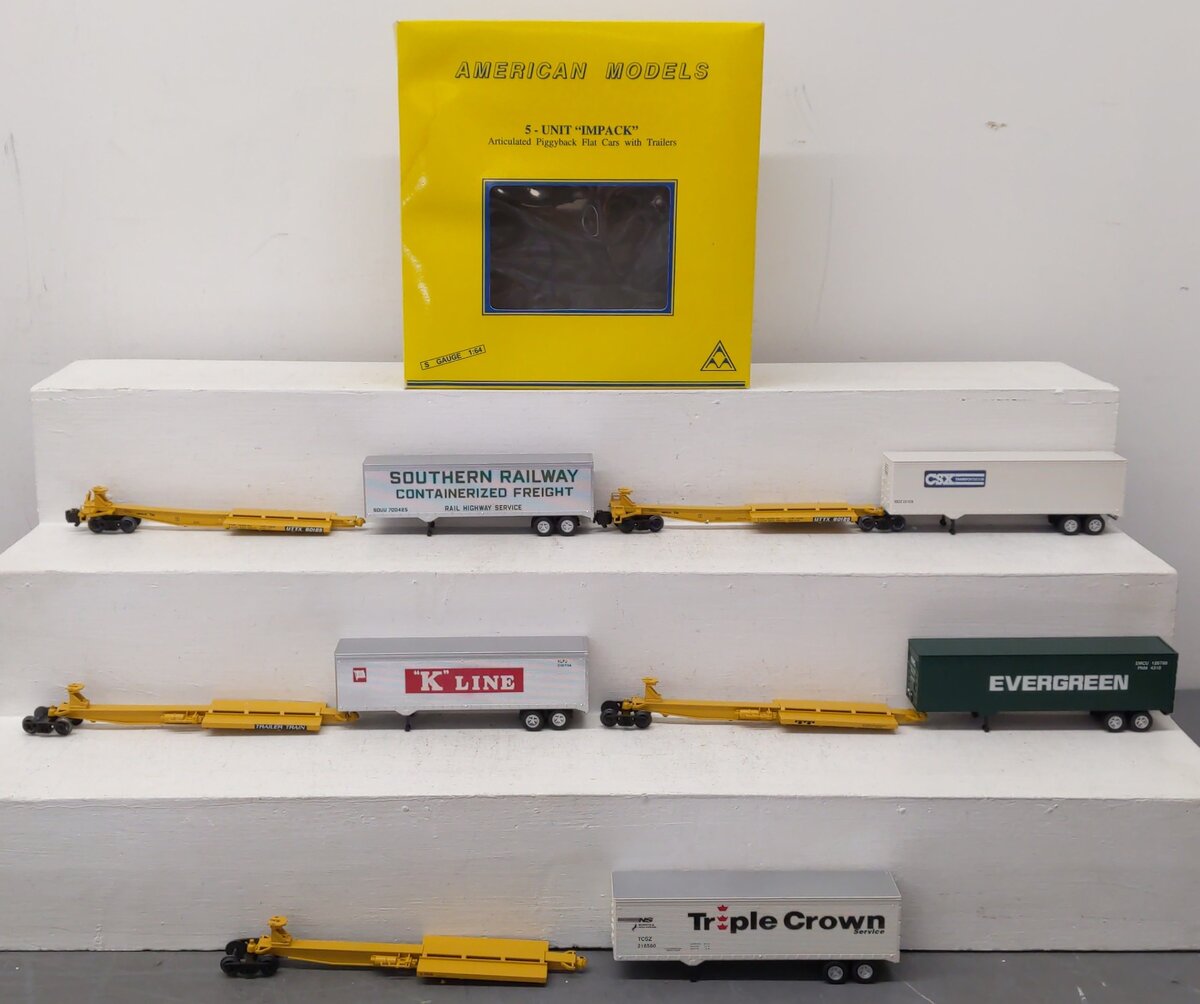 American Models SC6-5T S Gauge Impack 5-Unit Flatcar w/ Trailers LN/Box