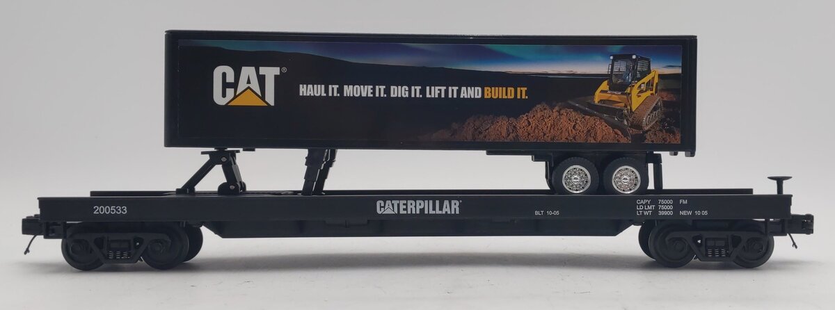 MTH 20-98460 O Gauge Caterpillar Flat Car with 48' Trailer #200532 EX