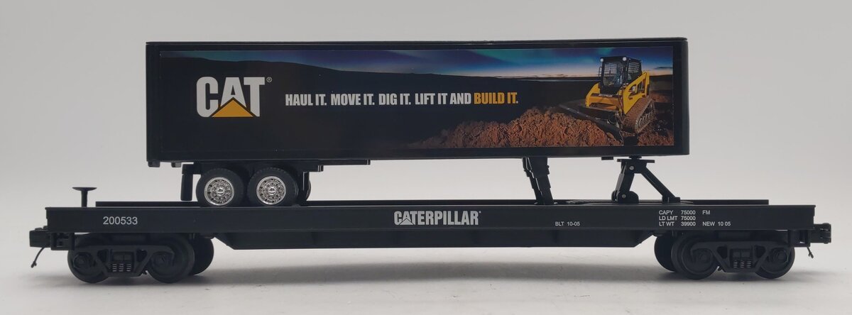 MTH 20-98460 O Gauge Caterpillar Flat Car with 48' Trailer #200532 EX