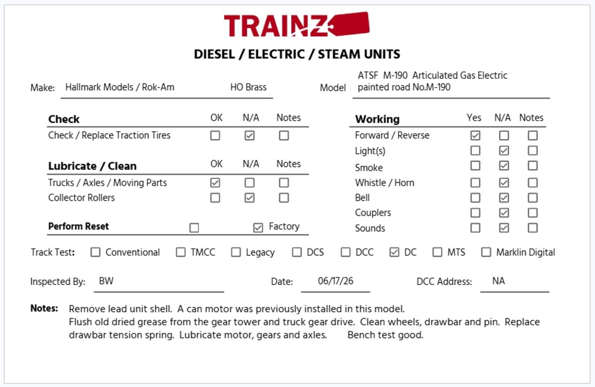 Hallmark Models M-190 HO Scale Brass ATSF Articulated Gas-Electric Engine/Box
