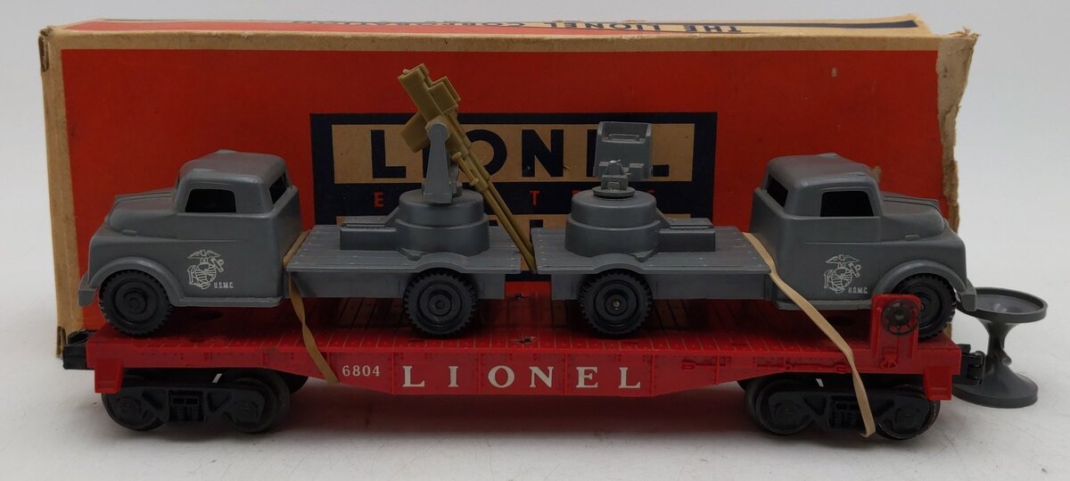 Lionel 6804 Vintage O Flatcar w/ USMC AA Gun Truck & Sound Truck VG/Box