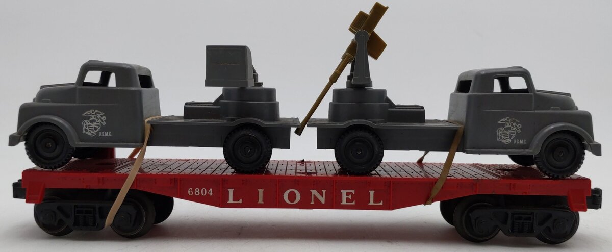 Lionel 6804 Vintage O Flatcar w/ USMC AA Gun Truck & Sound Truck VG/Box