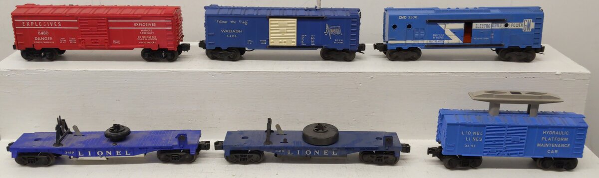 Lionel O Gauge Assorted Freight Cars; 3530, 3424, 6480, 3357, 3419x2 [6] VG