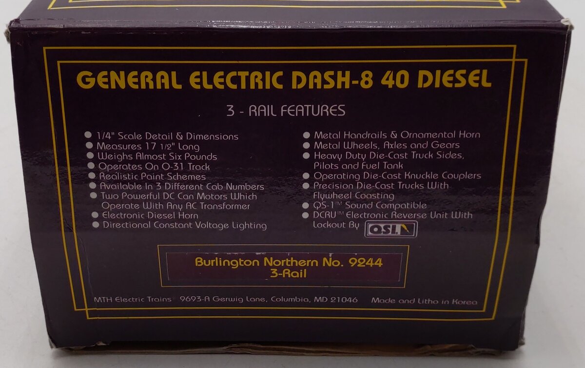 MTH 9244 Burlington Northern Dash-8 Diesel Engine w/Electronic Horn #9244 EX/Box
