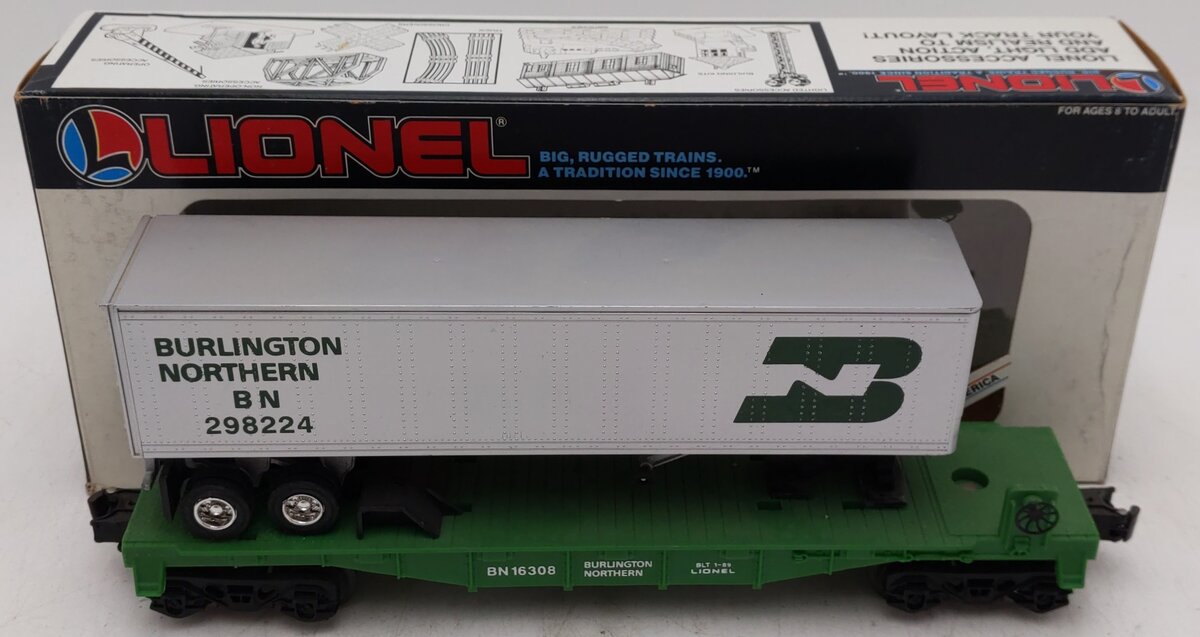 Lionel 6-16308 O Gauge Burlington Northern Flatcar w/Trailer #298224 VG/Box