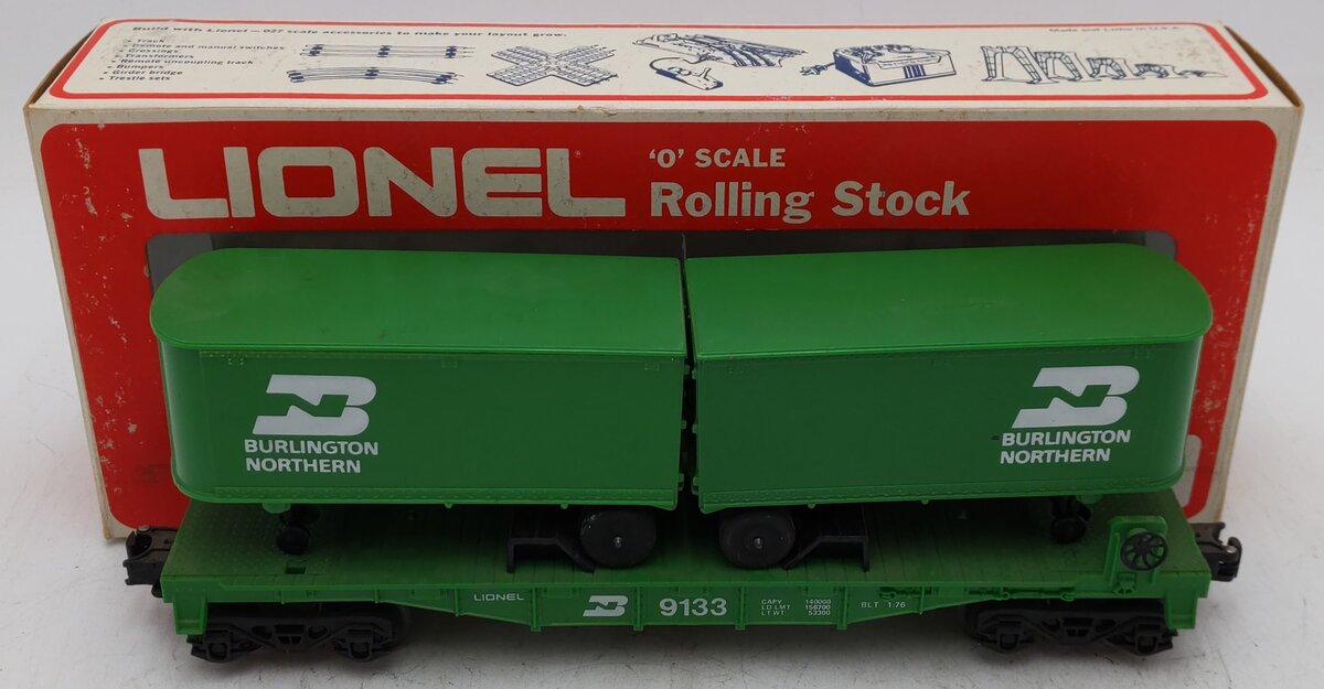 Lionel 6-9133 O Gauge Burlington Northern Flatcar #9133 with Trailers EX/Box