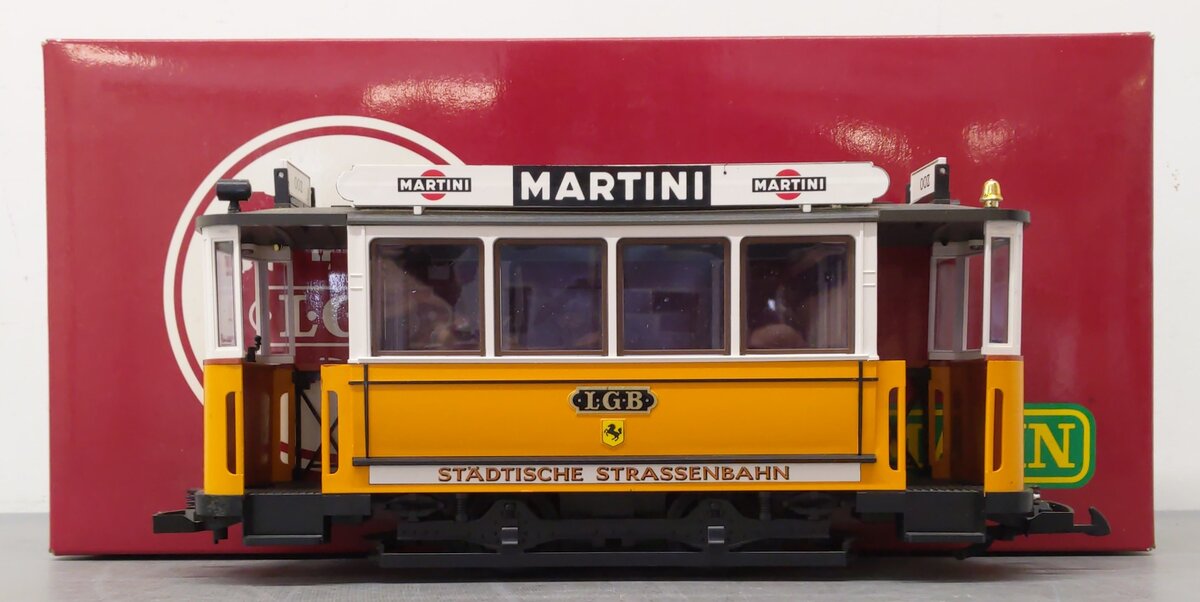 LGB 3500 G Scale Yellow Non-Powered 'Martini' Streetcar/Trolley (Plastic Wheels) VG/Box