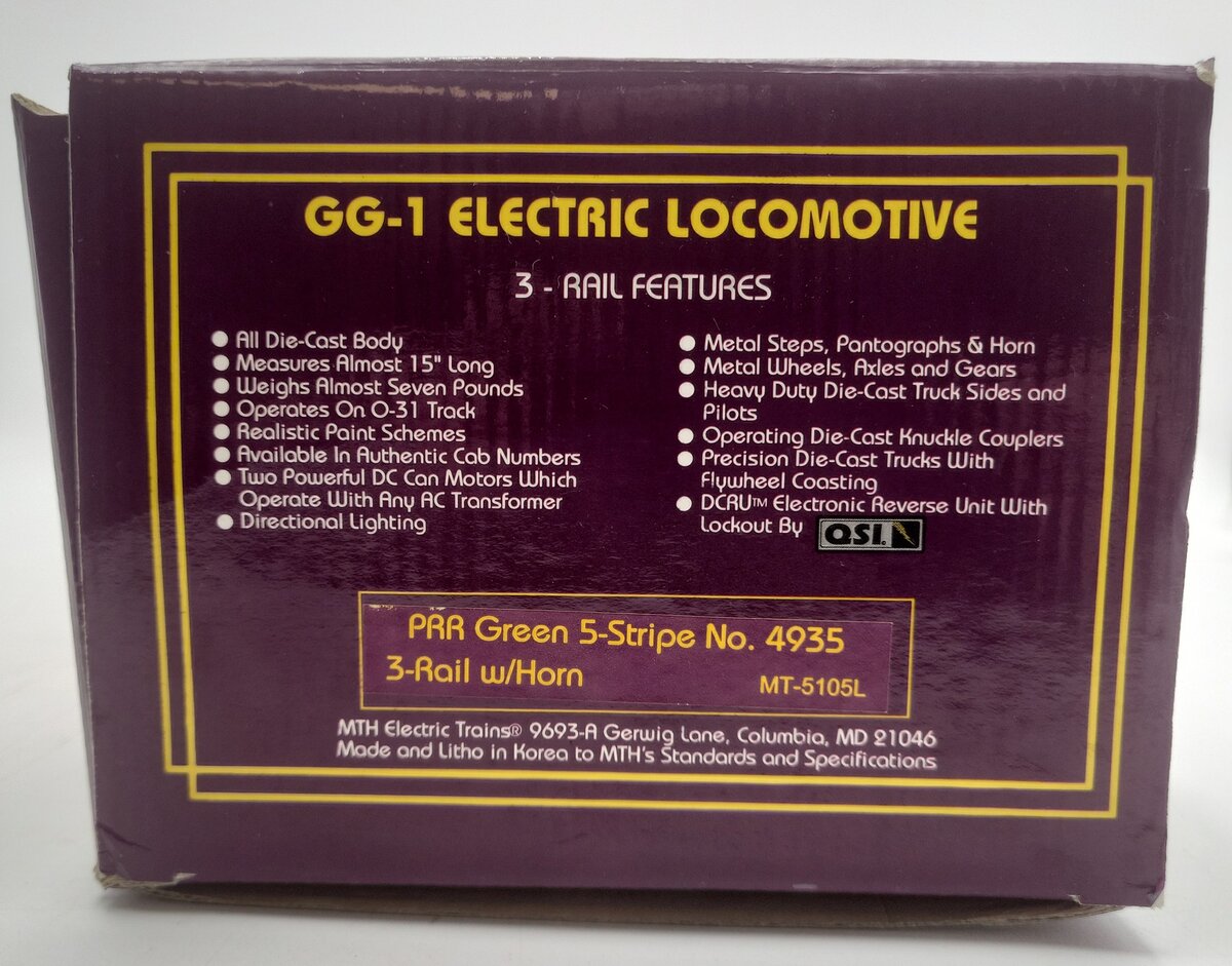 MTH 20-5504-1 PRR Green 5 Stripe GG-1 Electric Locomotive w/PS1 #4935 VG/Box