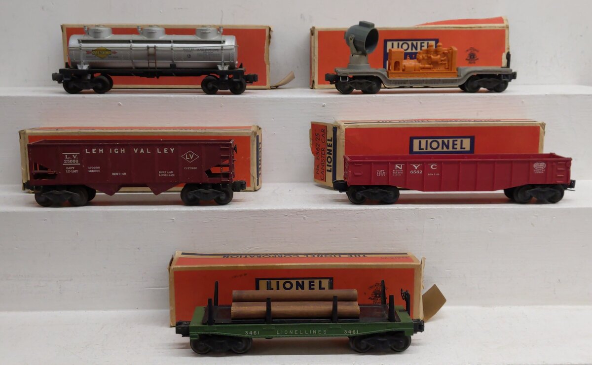 Lionel Vintage O Freight Cars: 6465, 6415, 3520, 3461X-25, 6562-25 [5] EX/Box