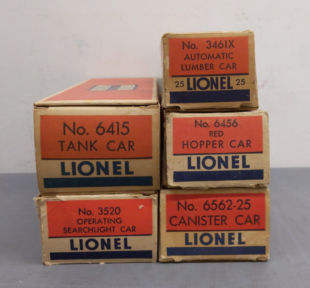 Lionel Vintage O Freight Cars: 6465, 6415, 3520, 3461X-25, 6562-25 [5] EX/Box