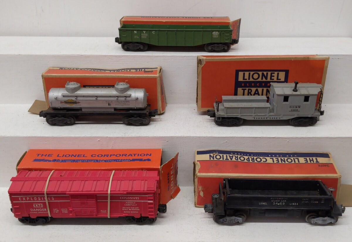 Lionel O Vintage Freight Cars: 3469X, 6470, 6465, 6462-25, 6419 [5] VG/Box