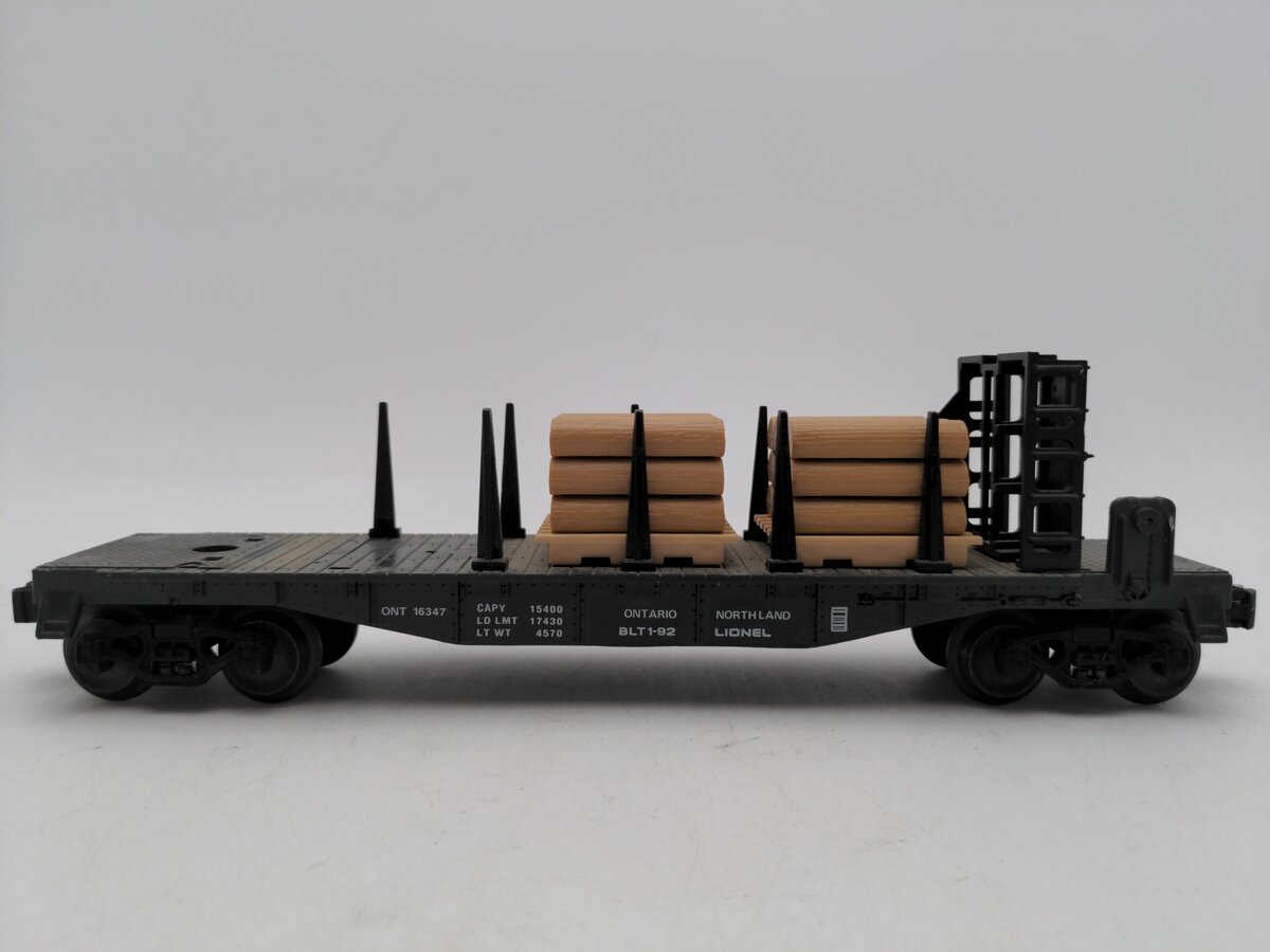 Lionel 6-16347 O Gauge Ontario Northland Bulkhead Flat w/Wood Load VG
