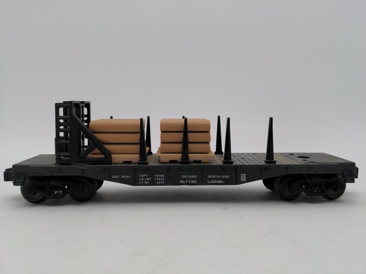 Lionel 6-16347 O Gauge Ontario Northland Bulkhead Flat w/Wood Load VG