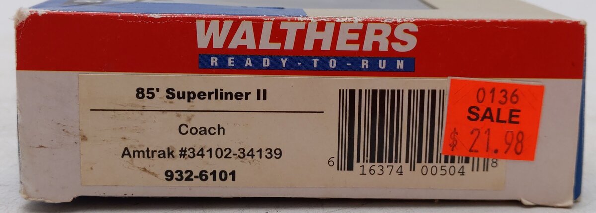 Walthers 932-6101 Amtrak 85' Superliner II Coach Car #34102-34139 EX/Box