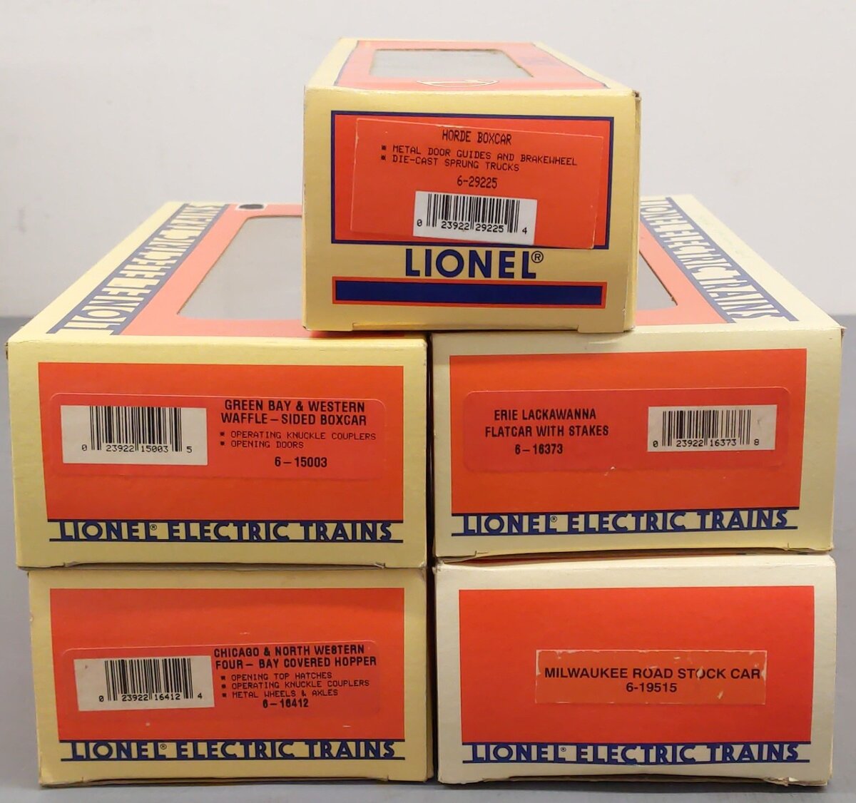 Lionel O Assorted Freight Cars 6-16412, 6-15003, 6-19515, 6-29225, 6-16373 [5] VG/Box
