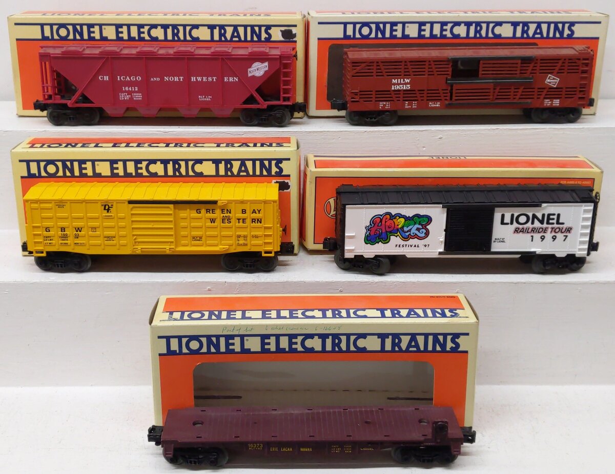 Lionel O Assorted Freight Cars 6-16412, 6-15003, 6-19515, 6-29225, 6-16373 [5] VG/Box