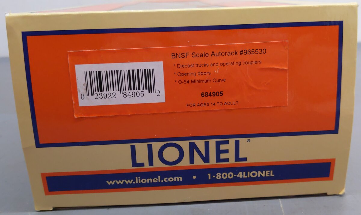 Lionel 6-84905 O Burlington Northern Santa Fe Scale Autorack #965530 EX/Box