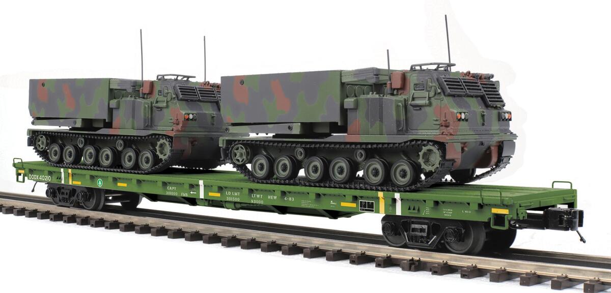 MTH 20-95468 O US Army 60' Flatcar with 2 M270 Rocket Launcher Vehicles #40210 NIB