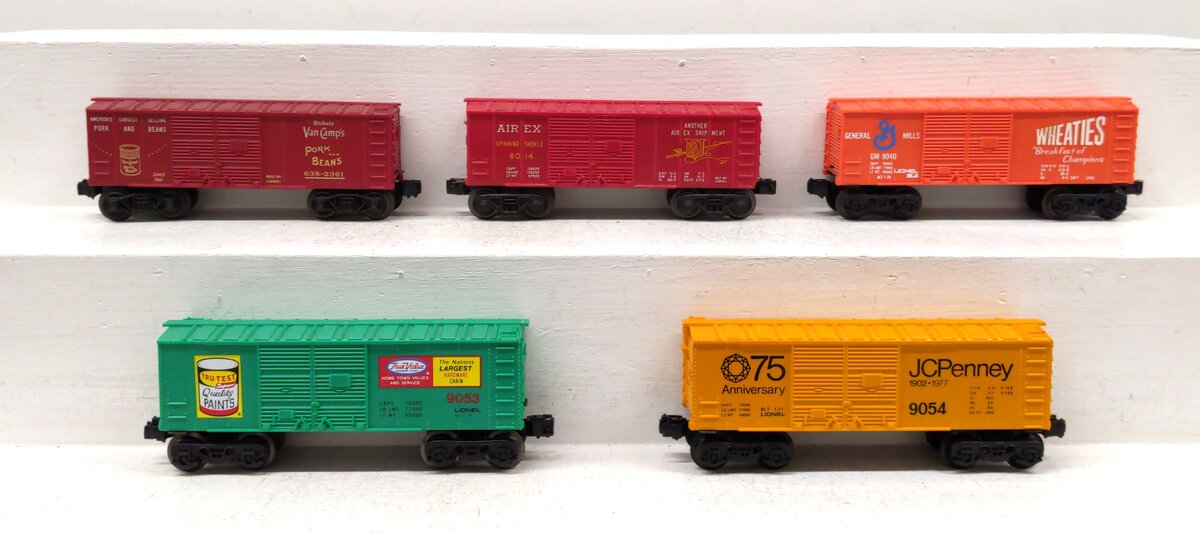 Lionel O Gauge Assorted Box Cars: 6014, 9054, 9053, 9040, 638-2361 [5] EX