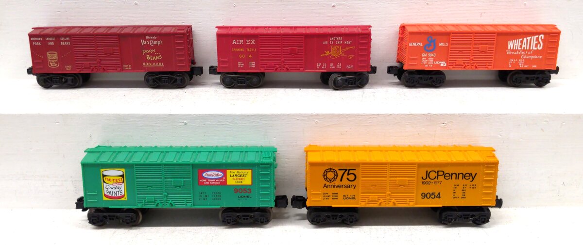 Lionel O Gauge Assorted Box Cars: 6014, 9054, 9053, 9040, 638-2361 [5] EX
