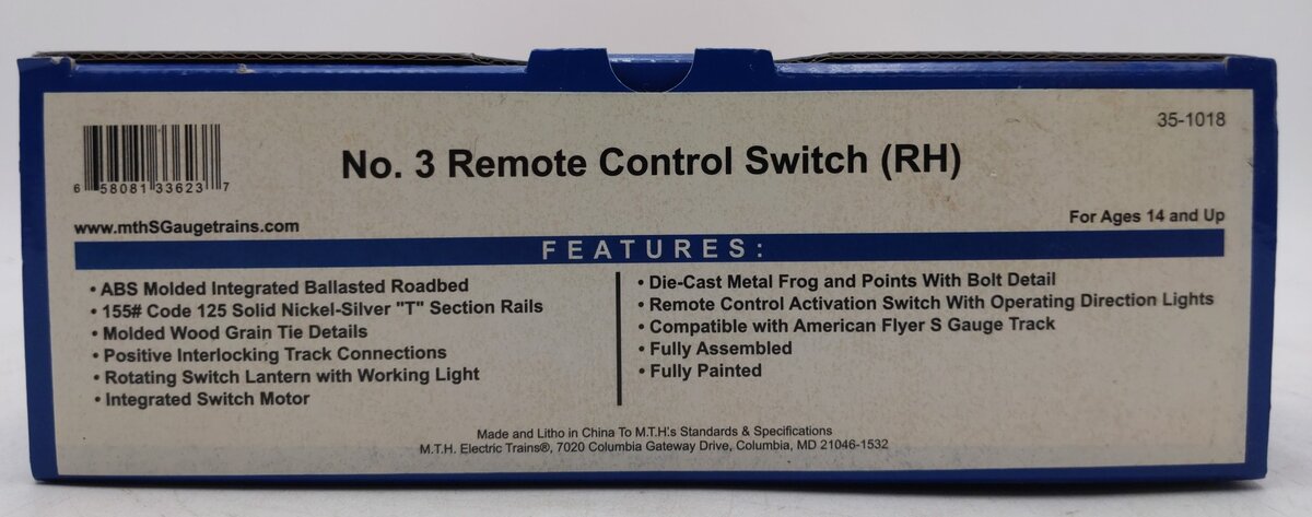 MTH 35-1018 S Nickel Silver #3 Remote Control Right Hand Switch Turnout NIB