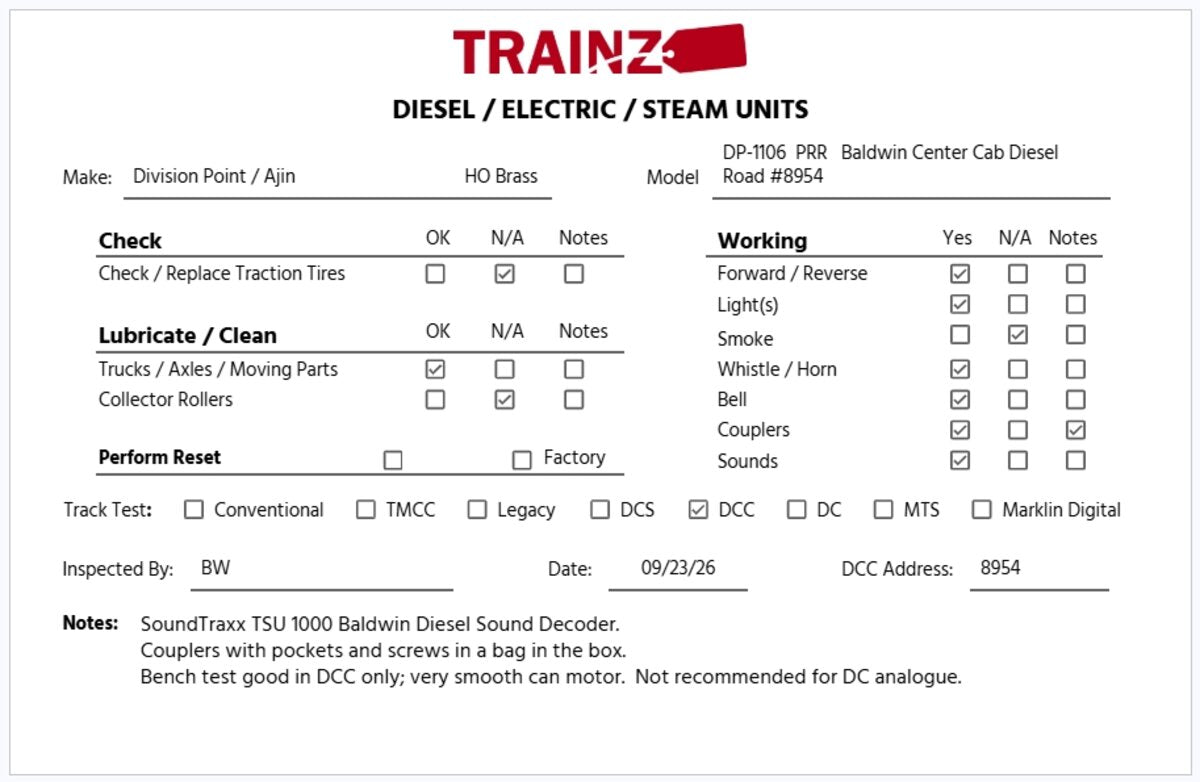 Division Point DP-1106 HO BRASS Pennsylvania Center Cab Locomotive #8954 w/ DCC EX/Box