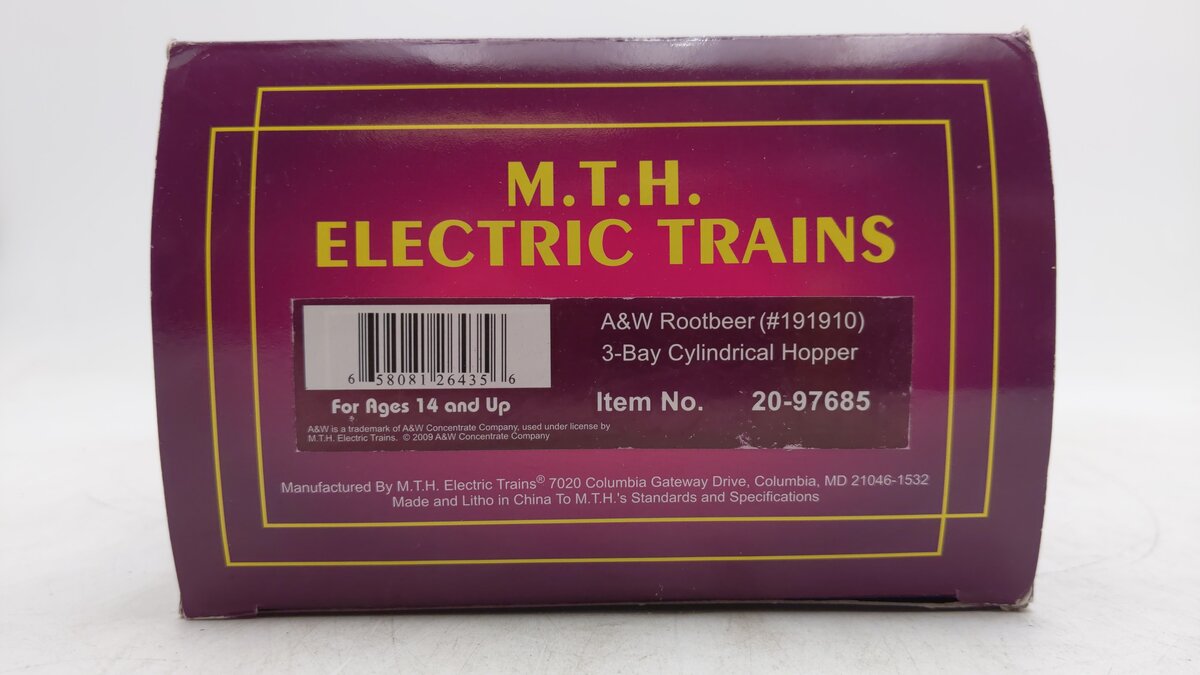 MTH 20-97685 O A&W Rootbeer 3-Bay Cylindrical Hopper Car #191910 EX/Box