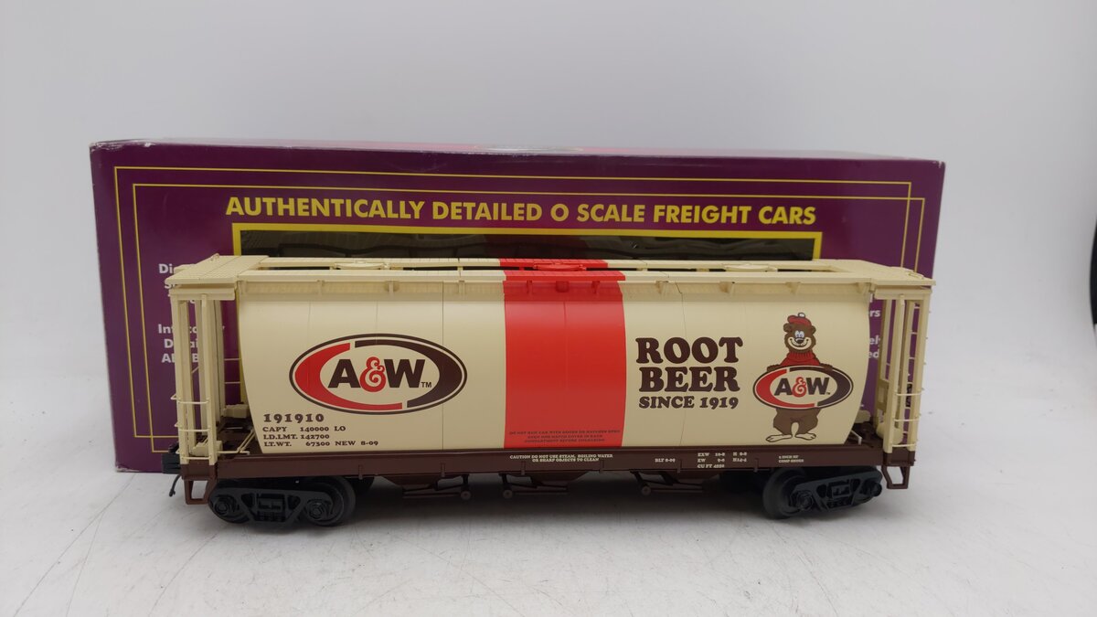 MTH 20-97685 O A&W Rootbeer 3-Bay Cylindrical Hopper Car #191910 EX/Box