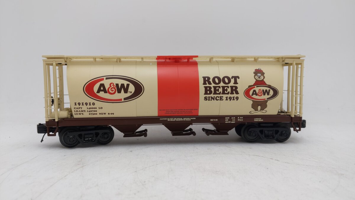MTH 20-97685 O A&W Rootbeer 3-Bay Cylindrical Hopper Car #191910 EX/Box