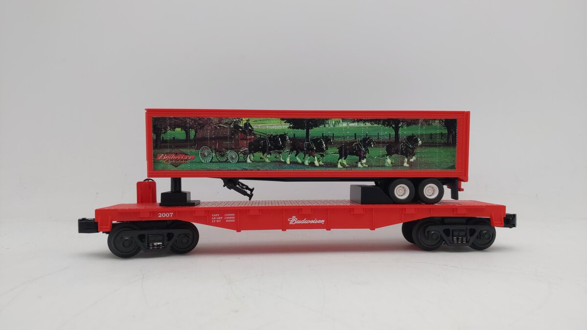MTH 30-76242 O Gauge Budweiser Flat Car with Trailer LN/Box