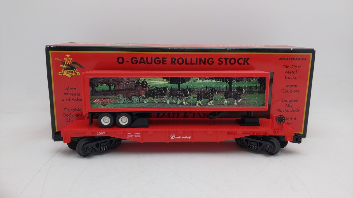 MTH 30-76242 O Gauge Budweiser Flat Car with Trailer LN/Box