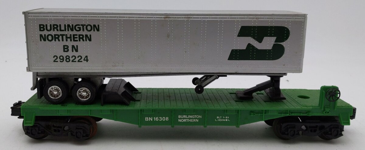 Lionel 6-16308 O Gauge Burlington Northern Flatcar #298224 w/Trailer EX/Box