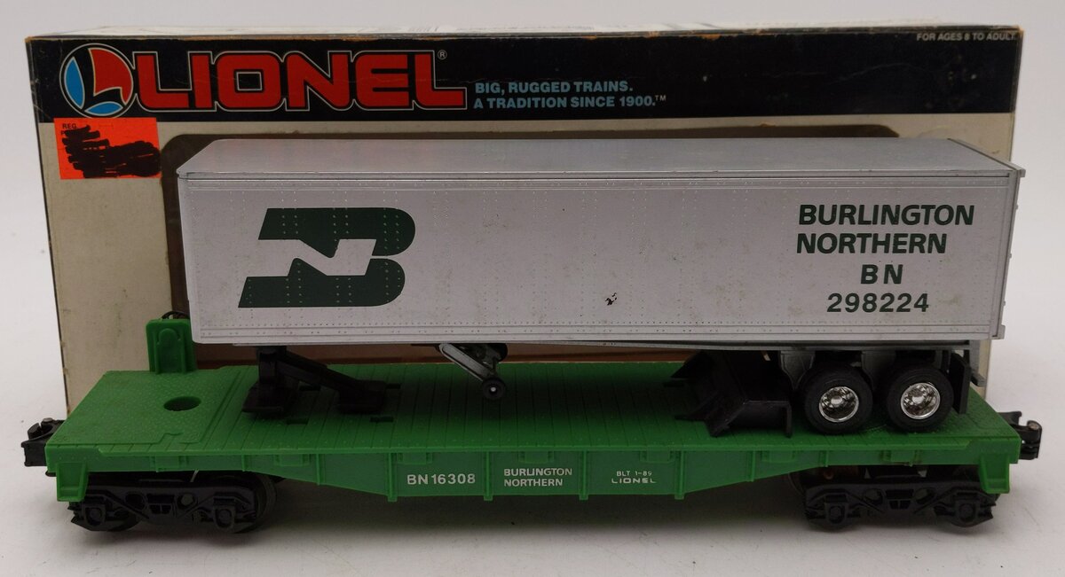 Lionel 6-16308 O Gauge Burlington Northern Flatcar #298224 w/Trailer EX/Box