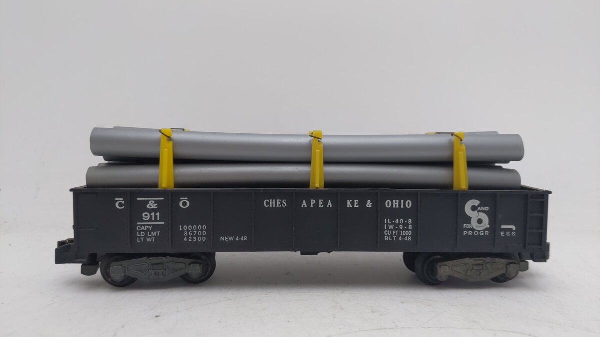American Flyer 911 Vintage S Chesapeake and Ohio Gondola w/Gray Pipe Load VG