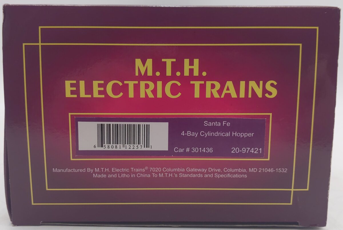MTH 20-97421 O Gauge Santa Fe 4-Bay Cylindrical Hopper Car #301436 EX/Box