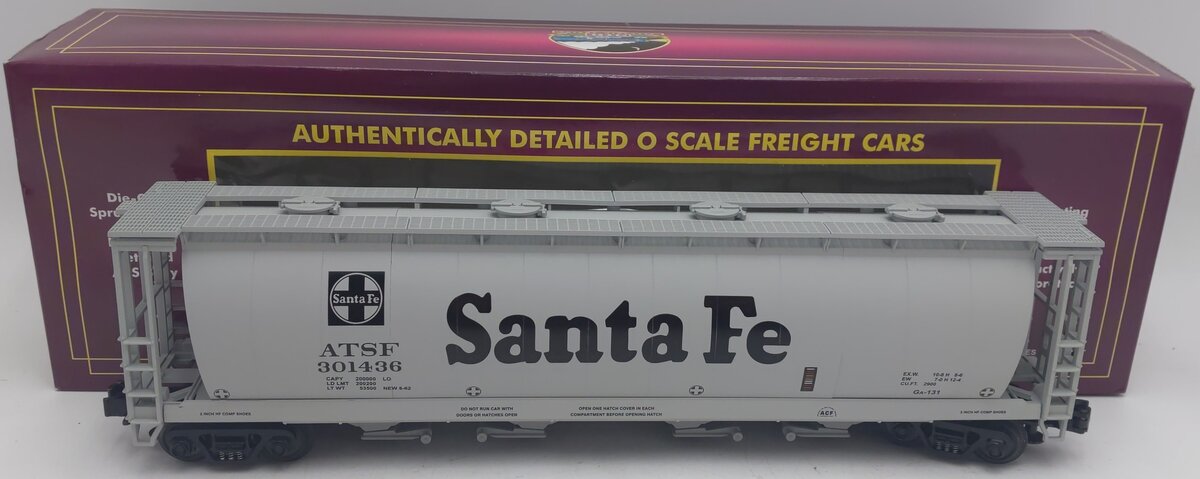 MTH 20-97421 O Gauge Santa Fe 4-Bay Cylindrical Hopper Car #301436 EX/Box