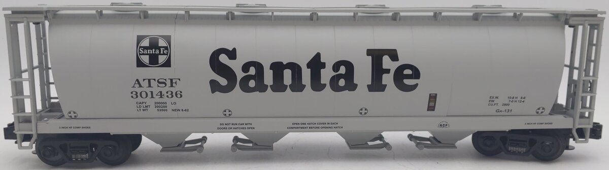 MTH 20-97421 O Gauge Santa Fe 4-Bay Cylindrical Hopper Car #301436 EX/Box