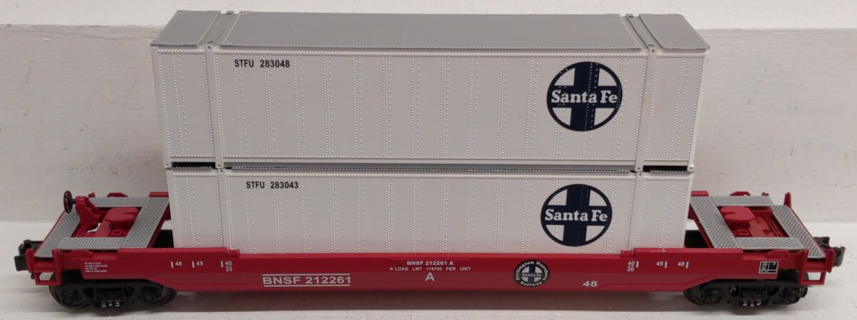 MTH 30-7644 O Gauge BNSF Husky-Stack Car with Containers #212261 EX/Box