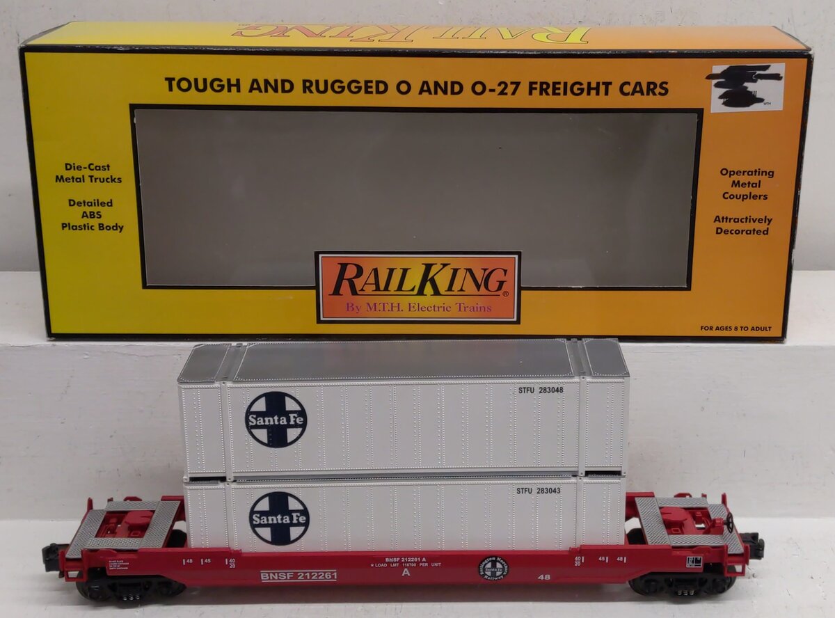 MTH 30-7644 O Gauge BNSF Husky-Stack Car with Containers #212261 EX/Box