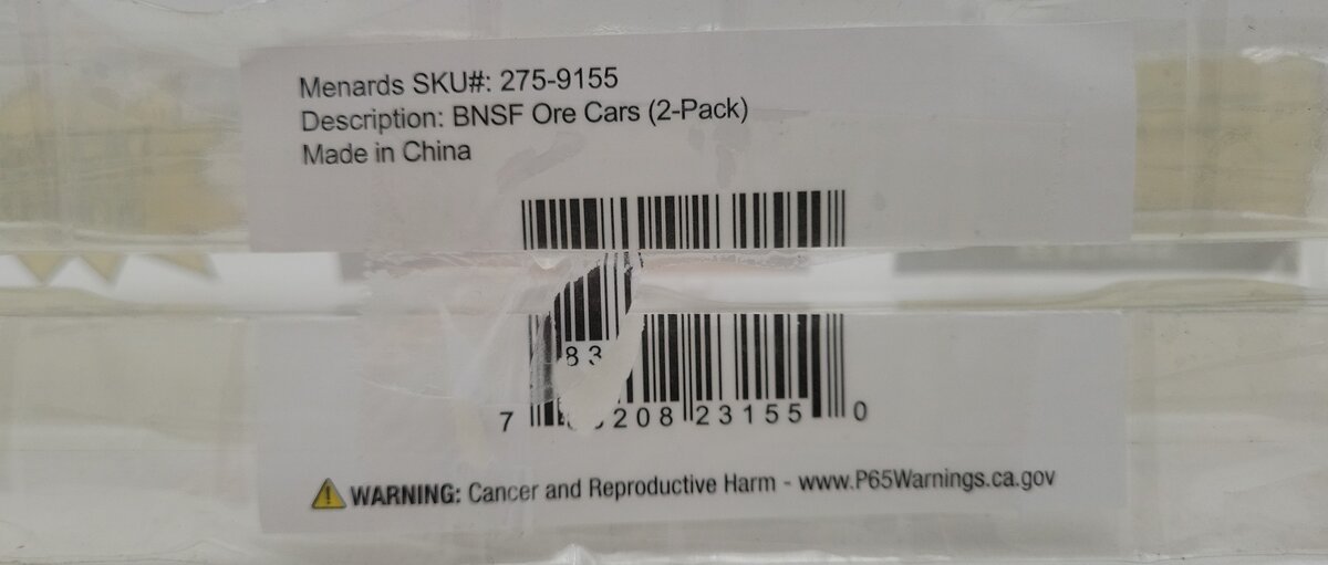 Menards 275-9155 O Gauge BNSF Ore Cars #2089/#2090  (2 Pack) EX