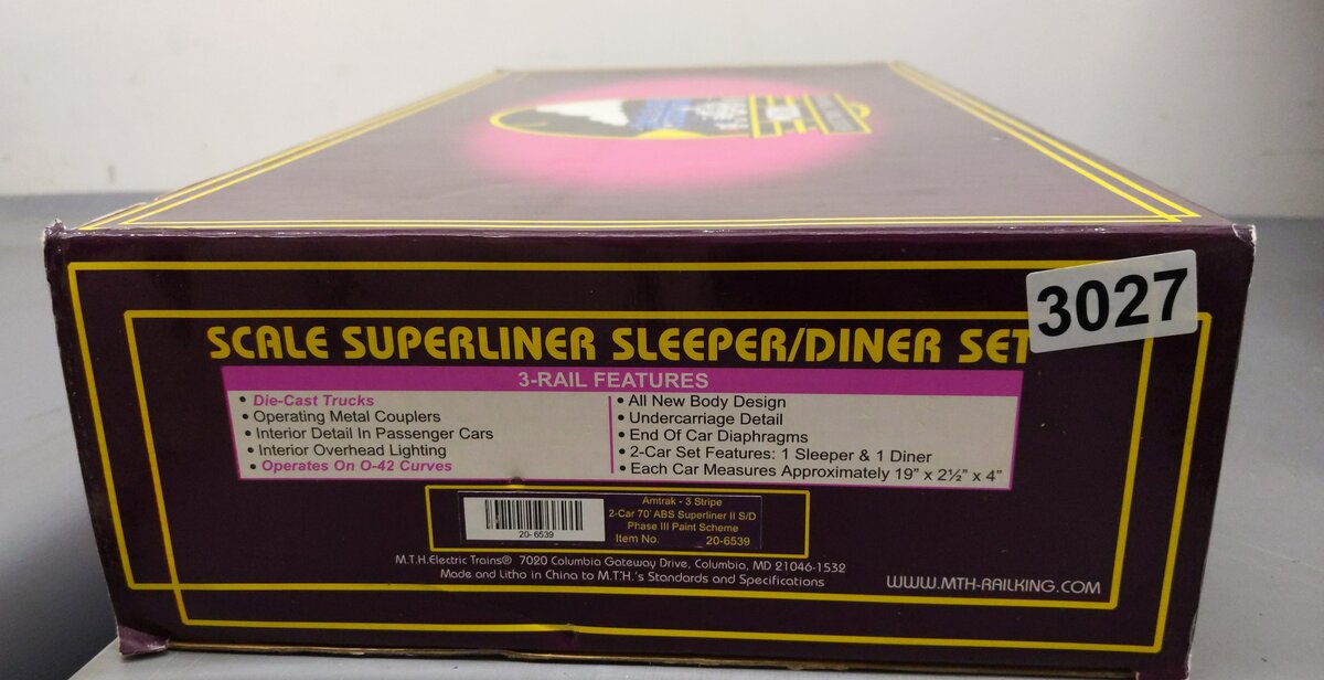 MTH 20-6539 O Amtrak 3 Stripe SuperLiner Slpr/Diner Passenger Car Set (Set of 2) EX/Box