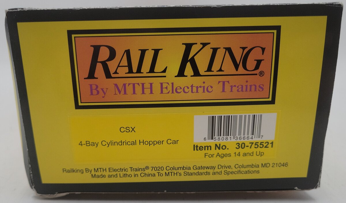 MTH 30-75521 O CSX RailKing 4-Bay Cylindrical Hopper Car #265105 EX/Box