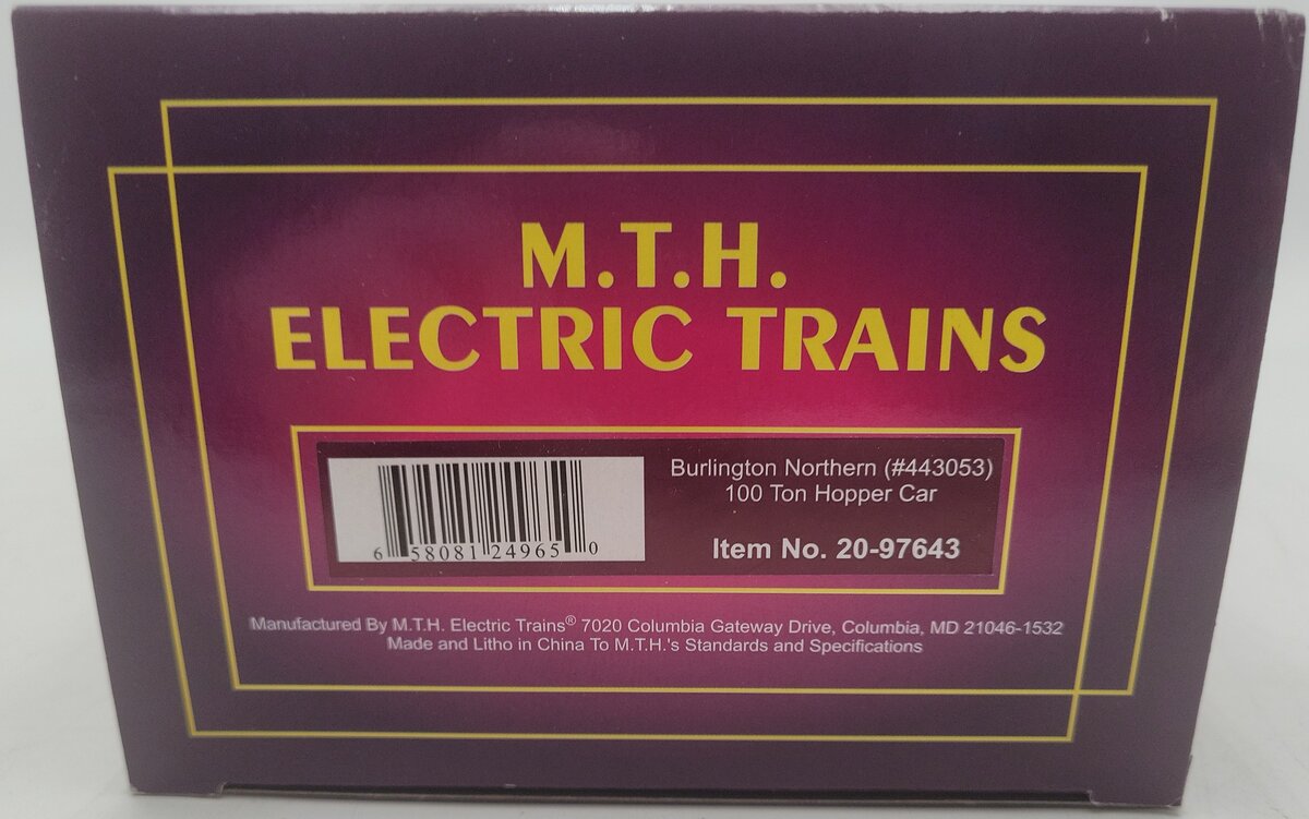 MTH 20-97643 O Gauge Burlington Northern 100 Ton Hopper Car #443053 EX/Box