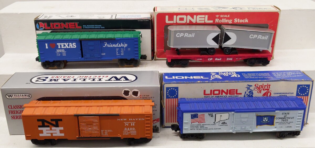 Lionel & Williams O Assorted Freight Cars 6-7605, 3400, 6-19149, 6-19915 [4] VG/Box