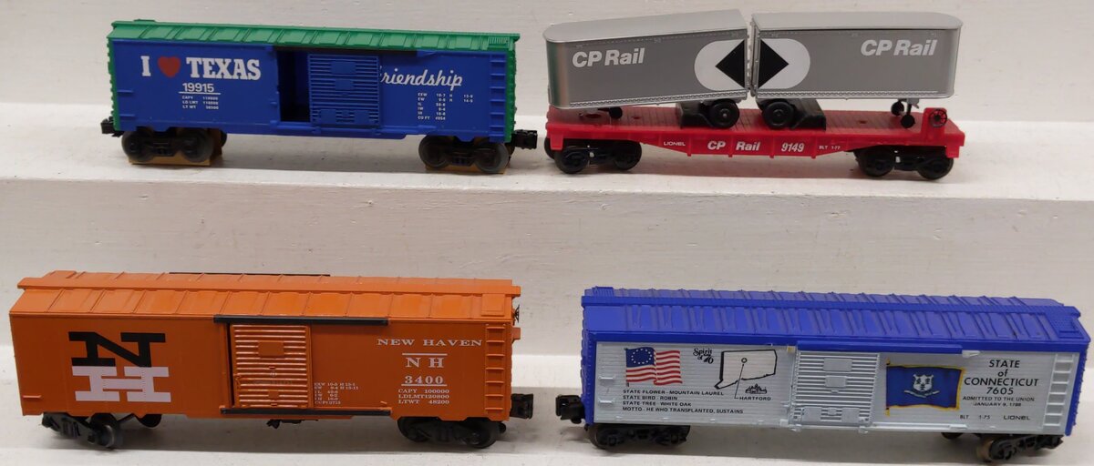 Lionel & Williams O Assorted Freight Cars 6-7605, 3400, 6-19149, 6-19915 [4] VG/Box