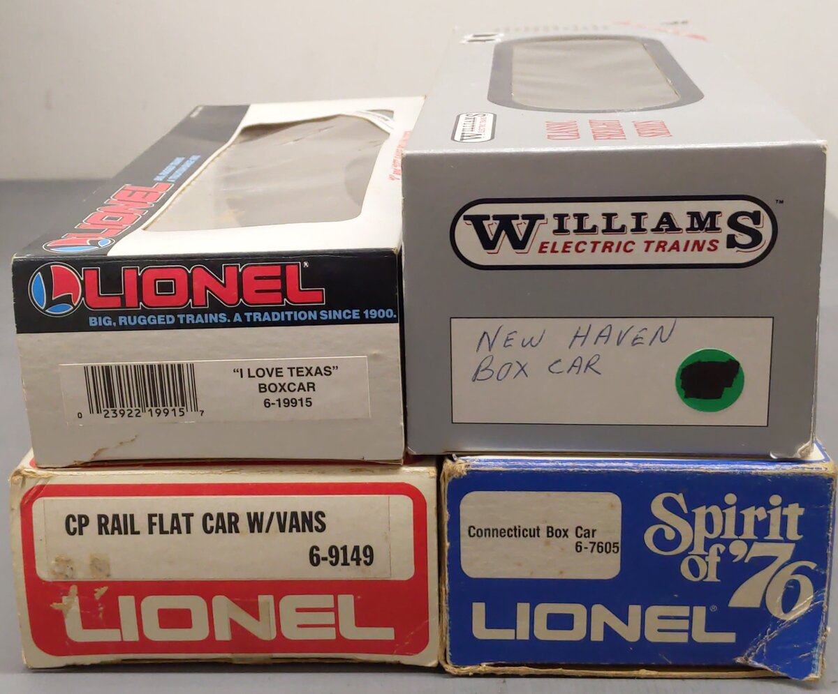 Lionel & Williams O Assorted Freight Cars 6-7605, 3400, 6-19149, 6-19915 [4] VG/Box