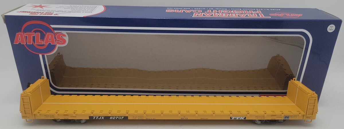 Atlas 2001771-4 O Scale TTX Trainman Short Bulkhead Flat Car #82707 (2-Rail) EX/Box