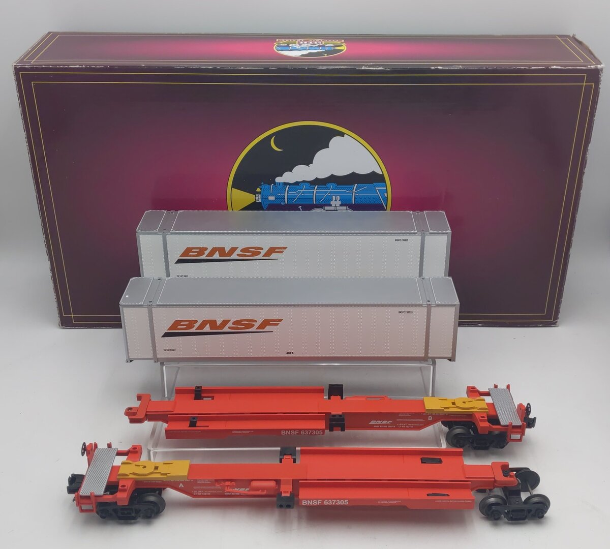 MTH 20-95103 O BNSF Spine Car Set with 2 48' Containers (Set of 2) EX/Box