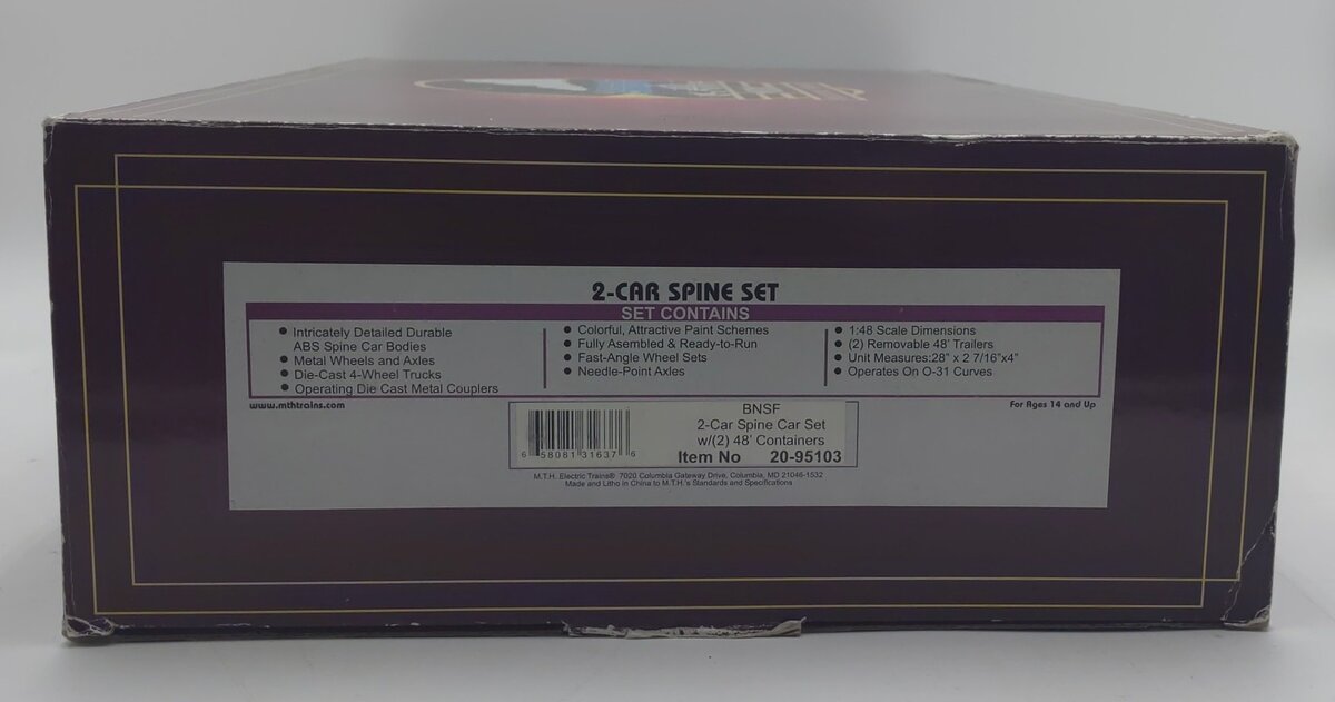 MTH 20-95103 O BNSF Spine Car Set with 2 48' Containers (Set of 2) EX/Box
